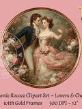 Rococo Romance Round Clipart Ð Lovers & Cherubs, 12 PNG, Gold Frame Options Love Romance Flower