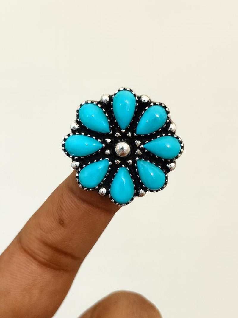 Handmade Sterling Silver Turquoise Flower Ring: Boho Statement Jewelry ANNIVERSARY