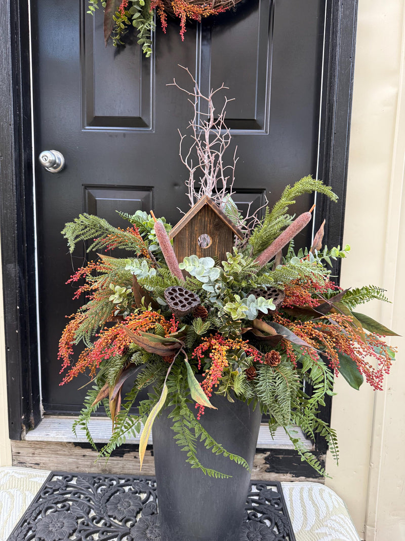 Faux  Drop-In Planter, Artificial  Winter Planter for porch, Birdhouse Flower Arrangement faux plants