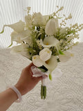 White Fanatic Shape Bridal Bouquet with Calla Lilies, Tulips, Textured Greenery Accents Bridesmaid Bouquet Bouquet