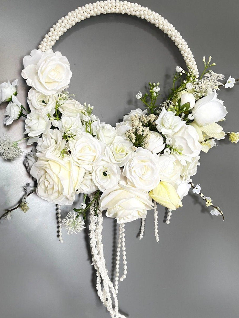 Elegant Circular Bridal Floral Arrangement with White Roses, Pearl Accents, and Draping Details Bouquet