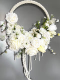 Elegant Circular Bridal Floral Arrangement with White Roses, Pearl Accents, and Draping Details Bouquet