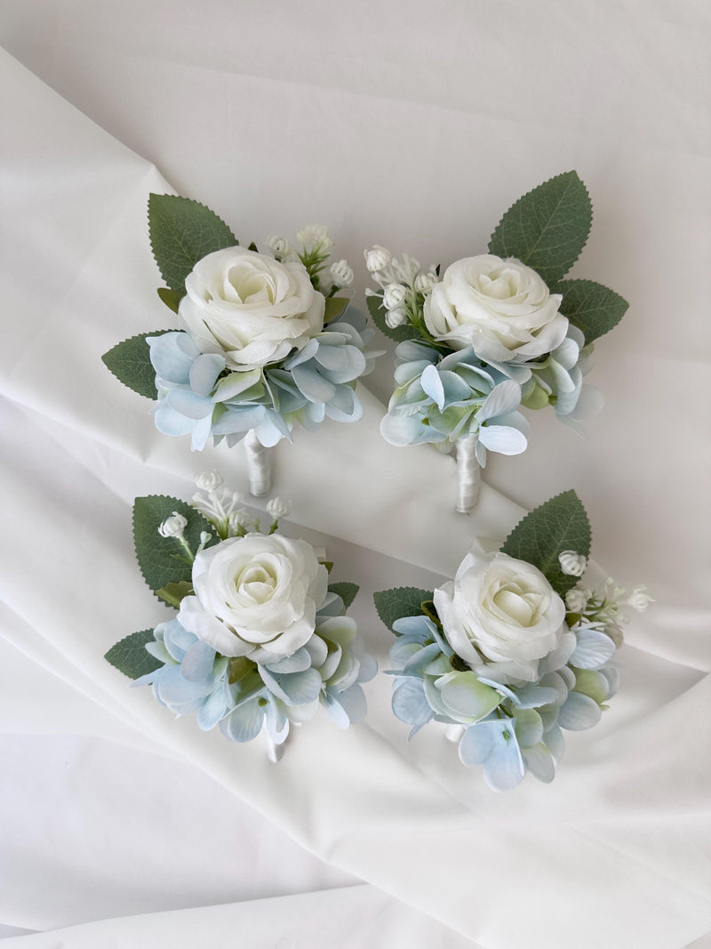 Elegant White Rose & Blue Hydrangea Boutonniere Ð Set of 4 Silk Wedding Groomsmen Florals silk flower