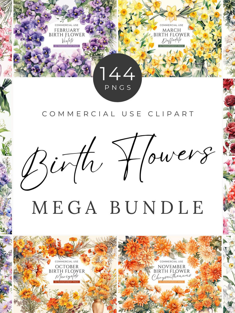 Birth Month Flower Clipart Bundle, DIGITAL DOWNLOAD, Watercolor Birth Month Floral Bouquet, Birthday Wildflower Wreath, Commercial Use PNG birthday flower