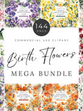 Birth Month Flower Clipart Bundle, DIGITAL DOWNLOAD, Watercolor Birth Month Floral Bouquet, Birthday Wildflower Wreath, Commercial Use PNG birthday flower