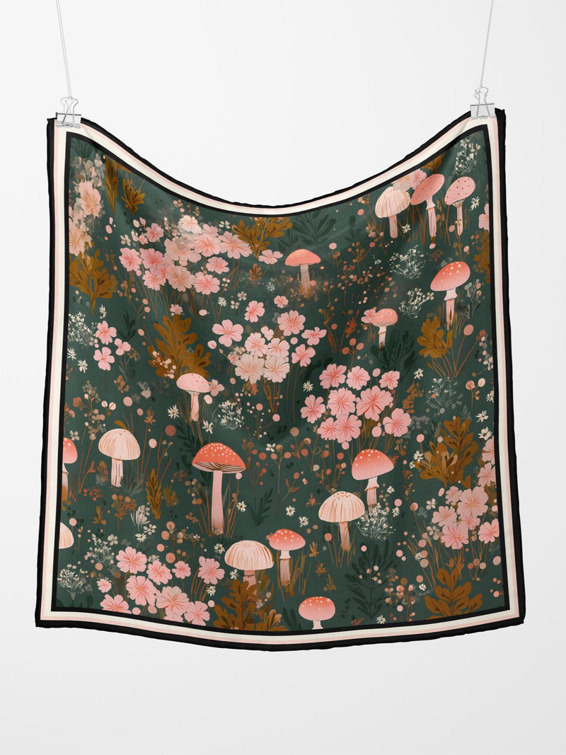Teal and Pink Fall Mushroom and Flower 100% Silk Scarf: Four Sizes, Made to Order silk flower