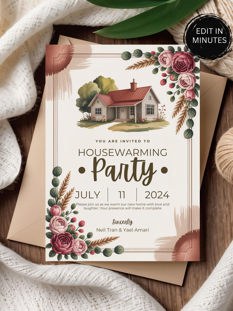 Editable Housewarming Party Invitation, Floral Home Sweet Home (PDF Template) house warming flower