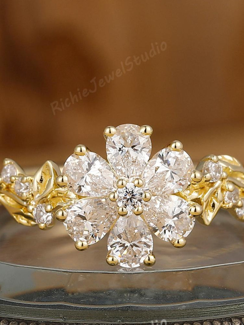 Pear Shape 14K Gold Plated Floral Moissanite Ring Blossom Design, Sparkling Ideal for Engagement, Wedding Daily Stacking Ring Gift for Her wedding flower