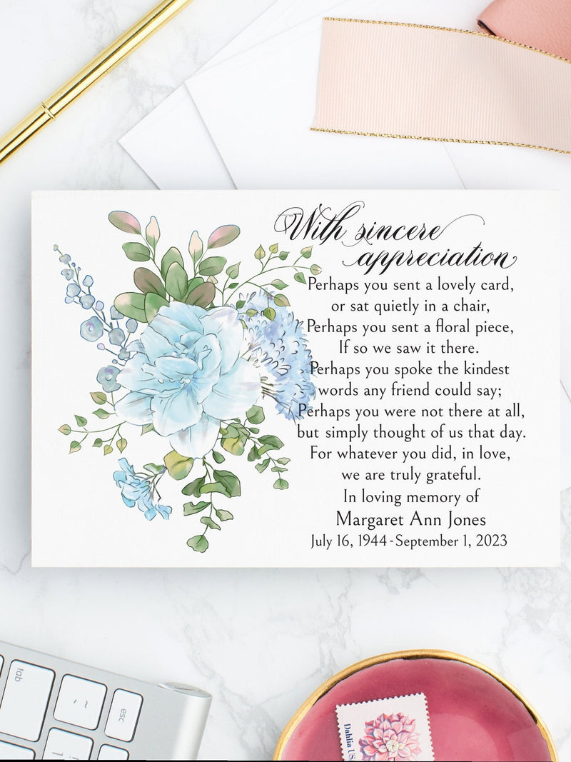 Personalized Blue Floral Funeral Thank You Cards with Envelopes, Custom Sympathy Bereavement Acknowledgement Notes with Name and Dates sympathy flower