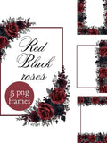 Red and Black Roses Clipart, Gothic Floral Frame PNG, Watercolor Dark Floral Border, Wedding Stationery Love Romance Flower