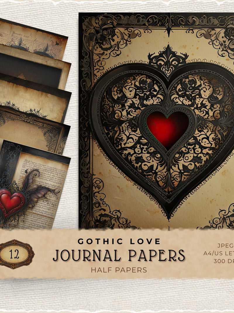 Gothic Love Digital Papers, Dark Romance Paper Crafting, Cardmaking Supply, Scrapbook Essentials, Valentines Junk Journaling Love Romance Flower