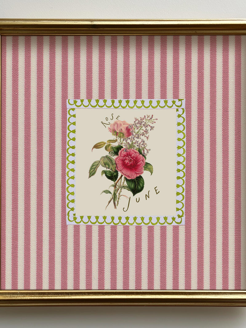 June Birth Flower Art Print, Personalized Birth Month Flower, Cottagecore Girl Room Decor Striped Pink Floral Wall Art Digital Download birthday flower