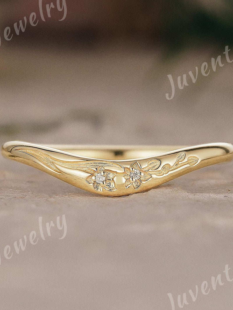 Unique Flower Engraved Moissanite Wedding Band Solid Gold Curved Engraved Wedding Band Floral Engraved Band Handmake Promise Ring For Her wedding flower