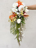 Elegant Cascading Bouquet: White Roses, Apricot Orchids & Lush Green Foliage Bouquet
