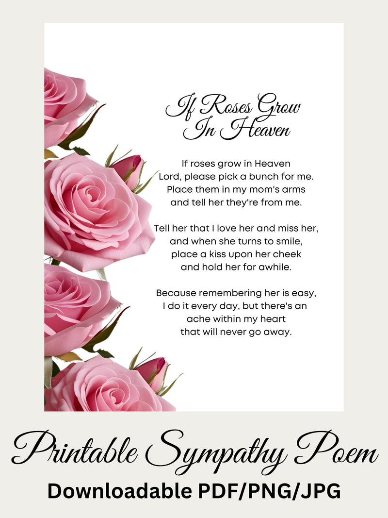 Loss Of Mom Sympathy Poem: Roses In Heaven Printable Art, Pink Floral (Digital Download) sympathy flower