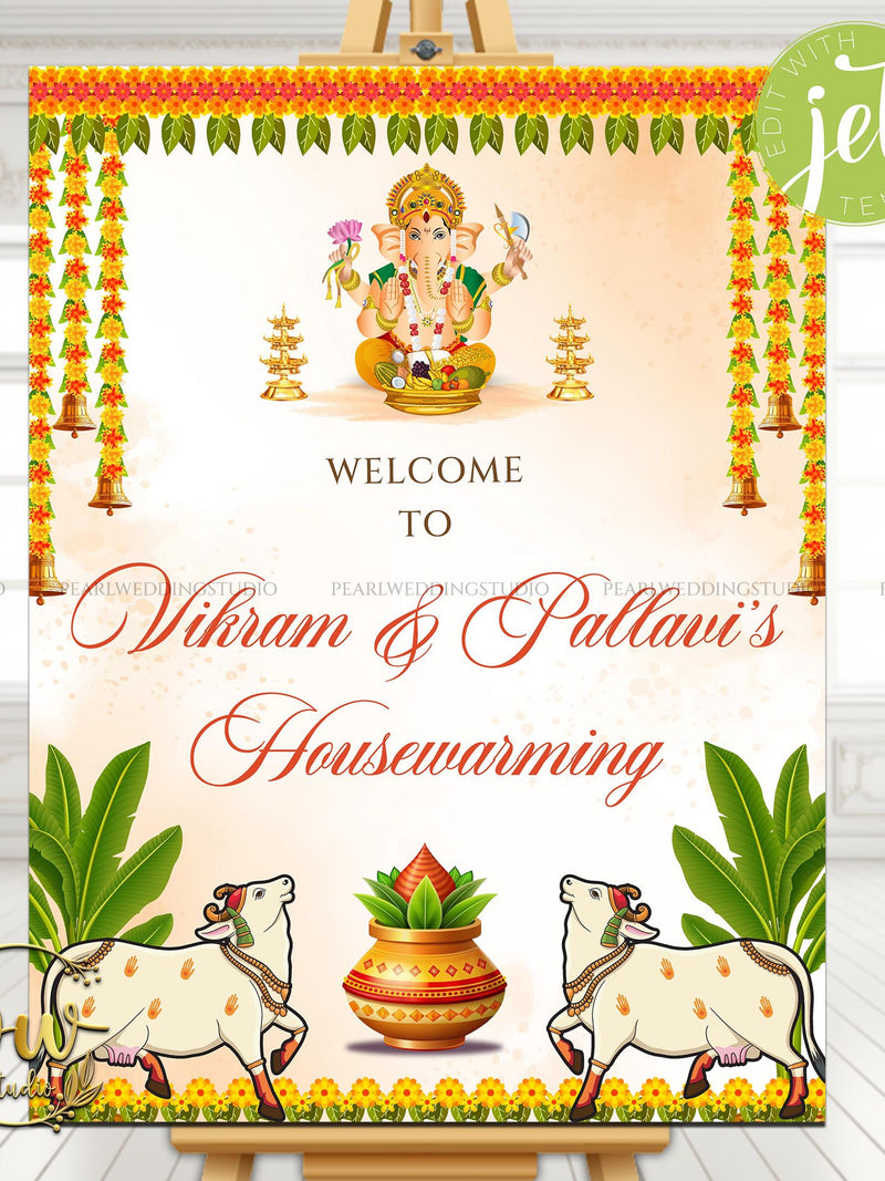 Housewarming welcome sign with Ganesha, WELCOME TO text, flowers and cows