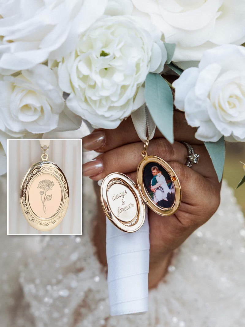 Bridal Bouquet Charm With Birth Flower ¥ Custom Engraved Locket ¥ Wedding Keepsake with Photo & Message ¥ Memorial Gift for Bride Bouquet