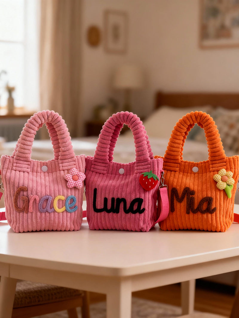 Personalized toddler crossbody bag, small corduroy purse for daycare, baby travel bag, flower girl gift, preschool and birthday present birthday flower