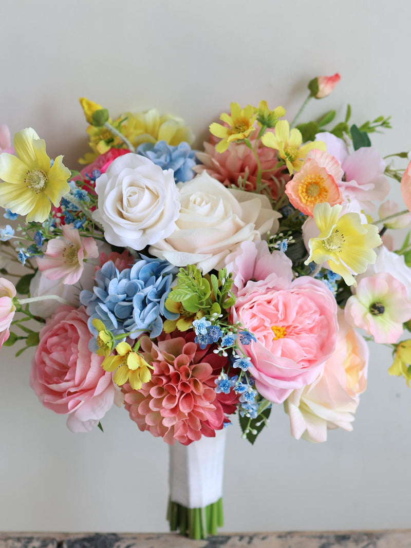 Handmade Colorful Faux Wildflower Bridal Bouquet: Spring Summer Wedding in Light Yellow, Pink, Blue, Dahlia, Rose, Poppy, Ranunculus, Daisy wedding flower