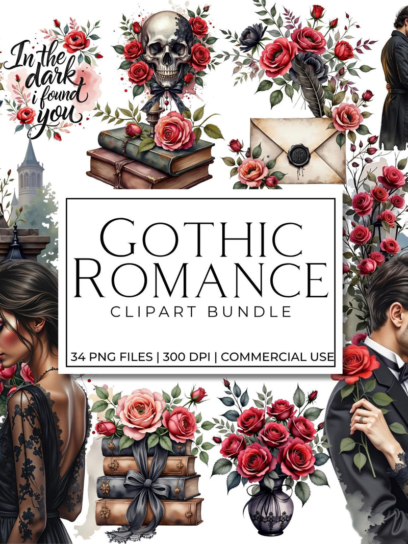 Gothic Romance Clipart Bundle | Dark Academia Watercolor Roses, Black Romantic Aesthetic PNGs, Gothic Borders, Victorian Valentine Graphics Love Romance Flower