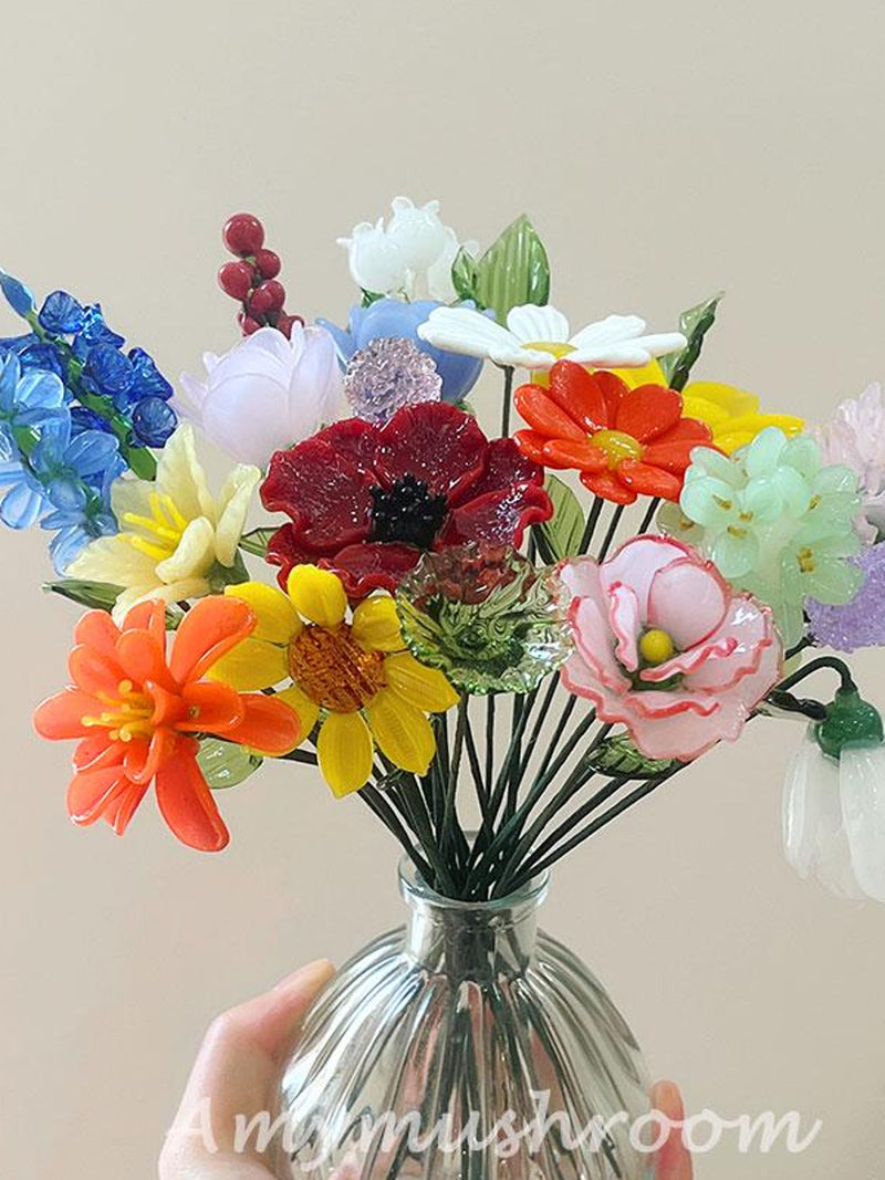 Glass Birth Flowers with Stem, Glass Flower-Poppy, Carnation, Aster, Cosmos, Honeysuckle, Water Lily, Glass Sculpture, Mother's Day Gift FLOWER DELIVERY