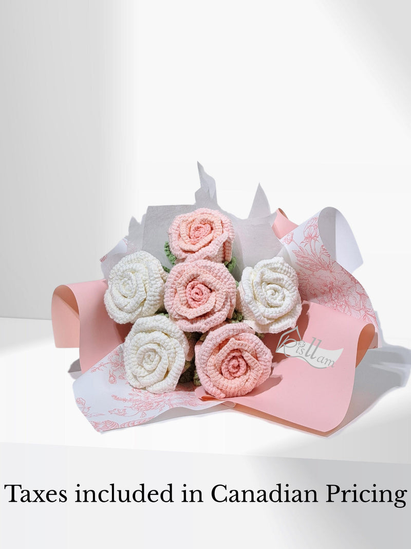 Romantic Pink & White Crochet Rose Bouquet Ð Handmade Crochet Flower Arrangement, Crochet Home Decor, Everlasting Gift for Her Love Romance Flower