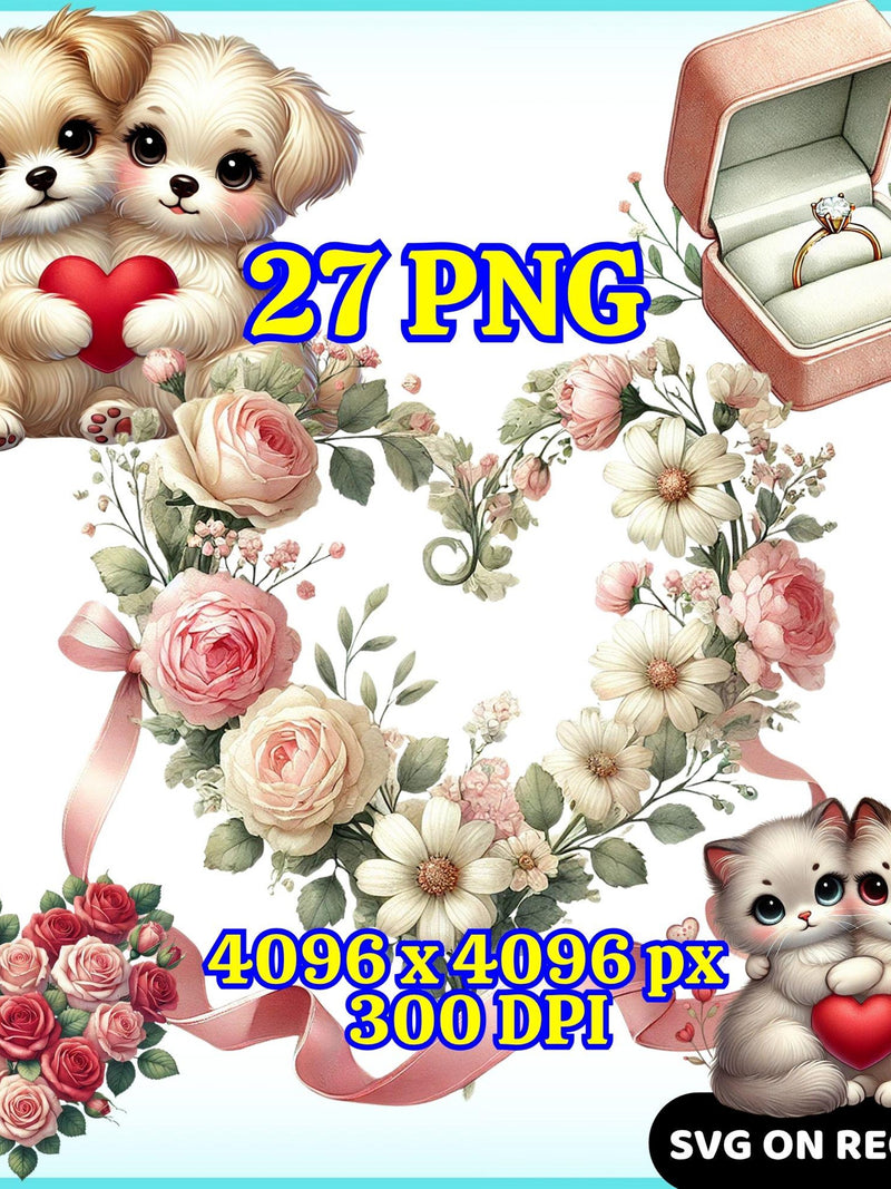 Cute Couple & Love PNG Clipart Ð 27 Romantic ValentineÕs Day Graphics with Hearts, Rings, Florals -Transparent Background - Digital Download Love Romance Flower
