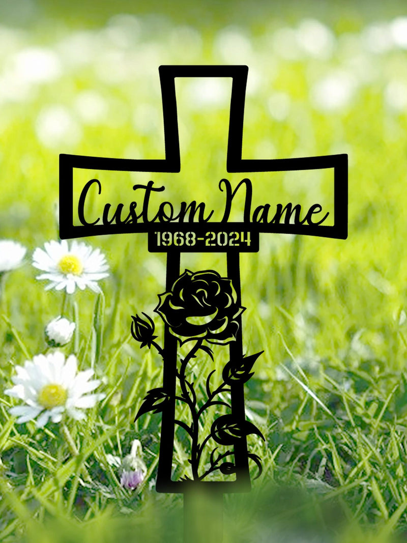 Personalized Rose Cross Memorial Stake, Custom Grave Marker, Metal Sympathy Gift for Loss, Remembrance Garden Sign, Cemetery Flower Decor sympathy flower