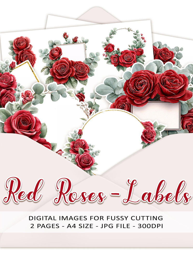 LABELS FUSSY CUT, red roses - Printable floral labels and wreaths for handmade cards, albums and paper crafts - jpg, A4, instant download Love Romance Flower