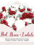 LABELS FUSSY CUT, red roses - Printable floral labels and wreaths for handmade cards, albums and paper crafts - jpg, A4, instant download Love Romance Flower