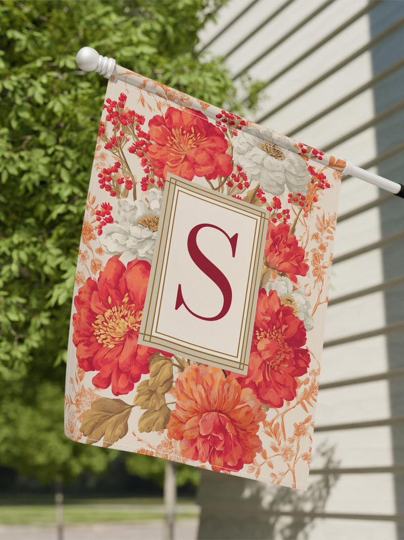 Modern Floral Monogram Garden Flag, Personalized Porch Banner, Customized House Flag, Elegant Garden Flag, Family Name Porch Flag, Flowers house warming flower