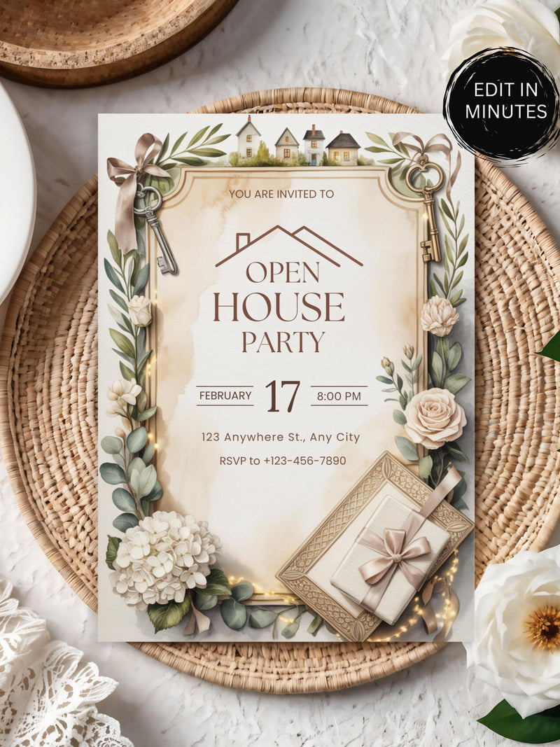 Floral Housewarming Invitation, Elegant Printable Template (Digital Download) house warming flower