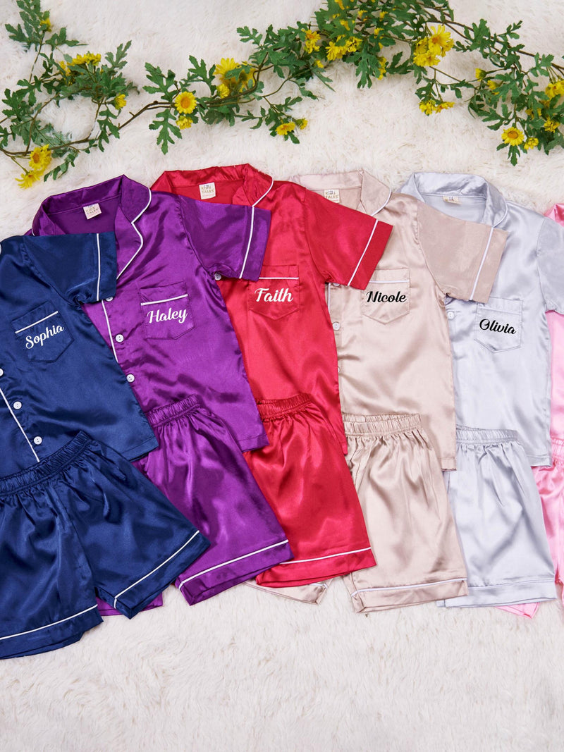 Personalized Flower Girl Pajamas,Custom Kids Pajamas Set,Matching Junior Bridesmaid Pajamas,Satin Pajamas for Kids,Bridal Party,Wedding Gift silk flower