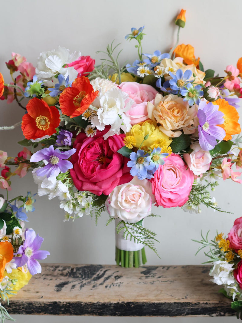 Colorful Wildflower Faux Bridal Bouquet: Spring Summer Wedding in Blue Pink Yellow Purple, Dahlia, Ranunculus, Poppy, Daisy, Real Touch Rose wedding flower