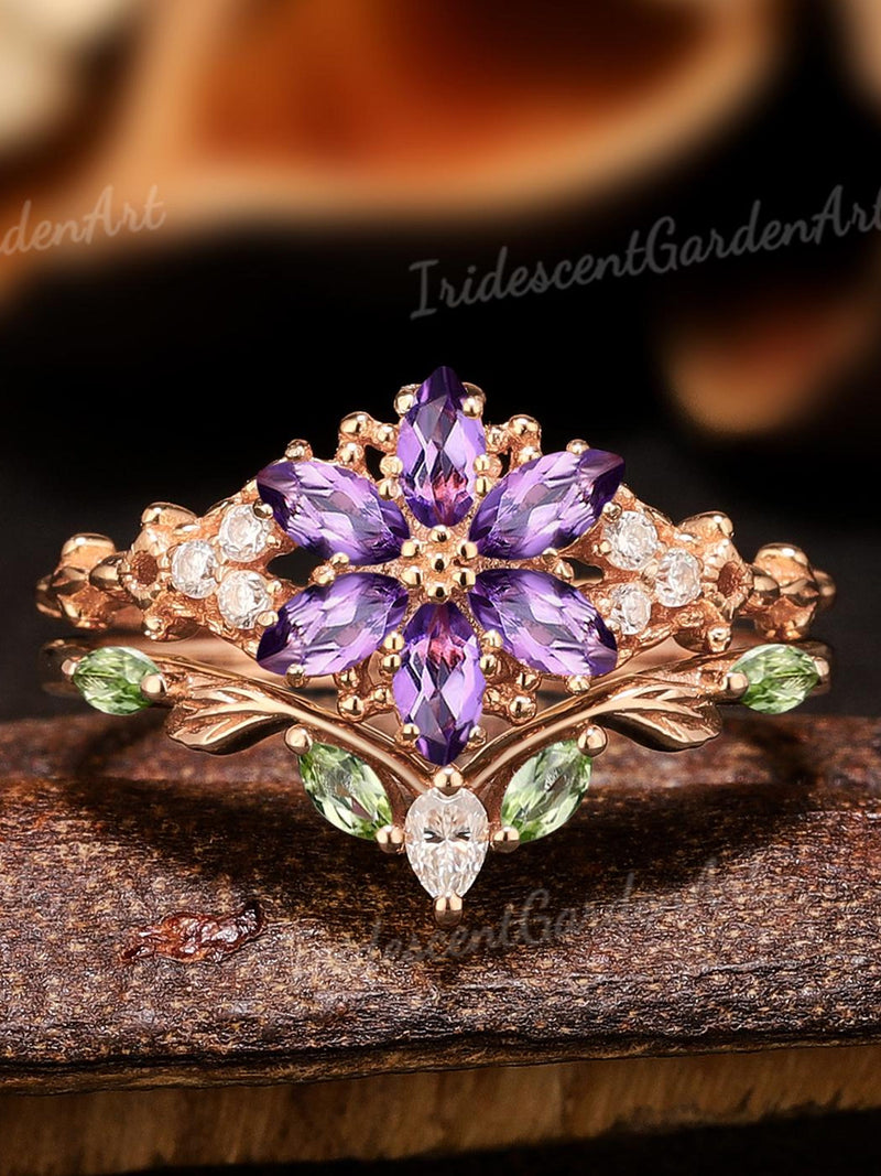 Flower Purple Sapphire Engagement Ring Set Leaf Peridot Wedding Band Nature Inspired Floral Ring Purple Gesmtone Anniversary Gifts For Her wedding flower