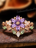 Flower Purple Sapphire Engagement Ring Set Leaf Peridot Wedding Band Nature Inspired Floral Ring Purple Gesmtone Anniversary Gifts For Her wedding flower