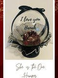 Personalized gift hamper with black bow ribbon, clear dome, “I love you Hanah”