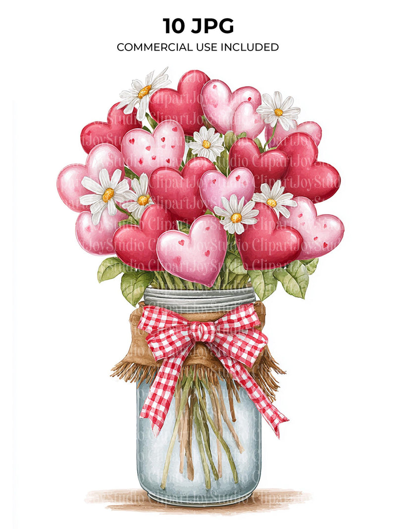 Watercolor Heart Bouquet Clipart Bundle, Valentine's Day JPG Printable images (digital download) Love Romance Flower