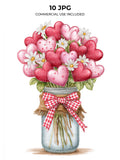 Watercolor Heart Bouquet Clipart Bundle, Valentine's Day JPG Printable images (digital download) Love Romance Flower