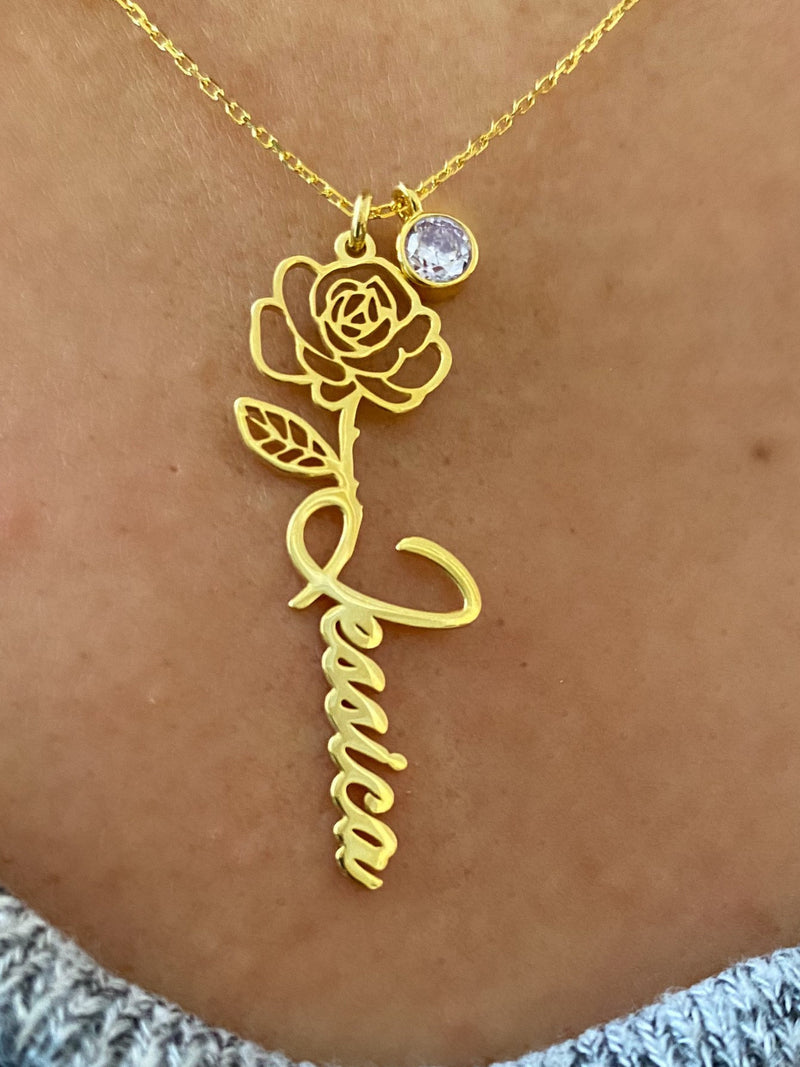 18K Gold Birth Flower Name Necklace with Custom Birthstone: Personalized Sterling Silver Floral Jewelry birthday flower