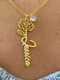 18K Gold Birth Flower Name Necklace with Custom Birthstone: Personalized Sterling Silver Floral Jewelry birthday flower