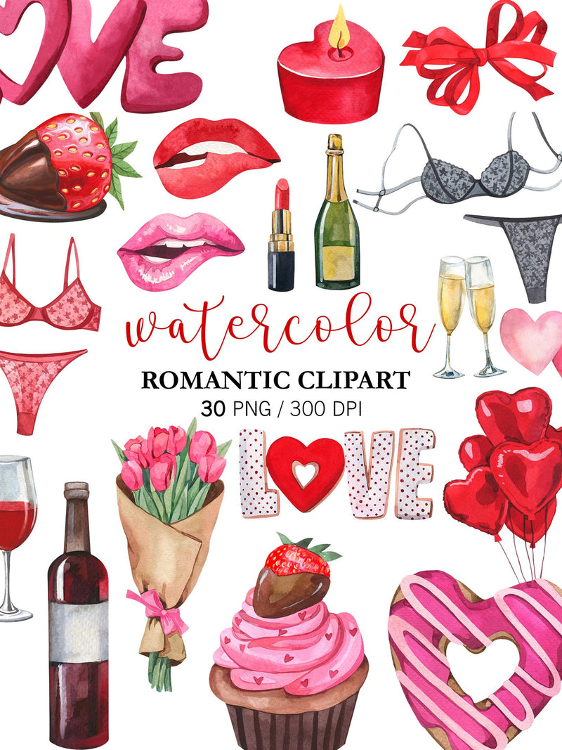 Watercolor Valentine Clipart: Hand Painted Romantic Love PNG Clipart Digital Download wine, hearts, couple, lips flowers Love Romance Flower
