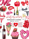 Watercolor Valentine Clipart: Hand Painted Romantic Love PNG Clipart Digital Download wine, hearts, couple, lips flowers Love Romance Flower