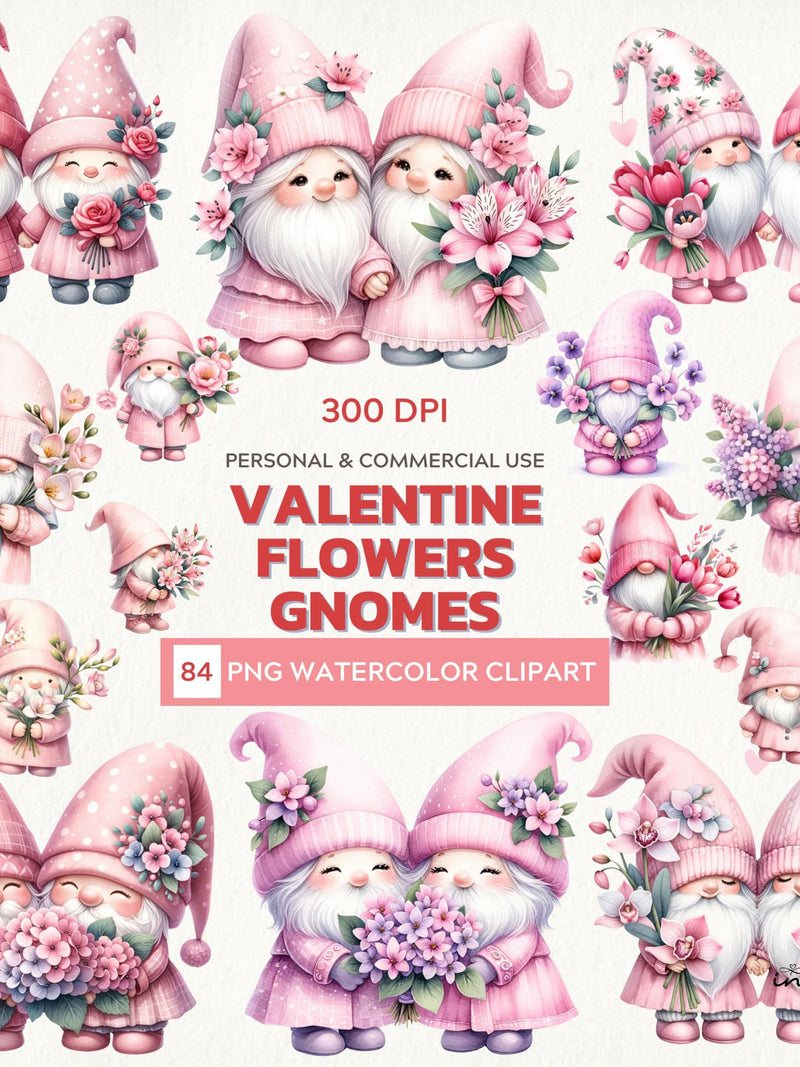 Blossoming Love Ð Watercolor Clipart Set of Valentine Flower Gnomes Love Romance Flower