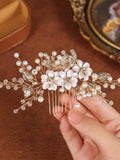 Wedding Comb Vine Gold, Flowers Hair Comb for Bride, Pearls Crystals Leaf Hairpiece, Floral Bridal Comb, Vintage Rhinestones Accessory wedding flower