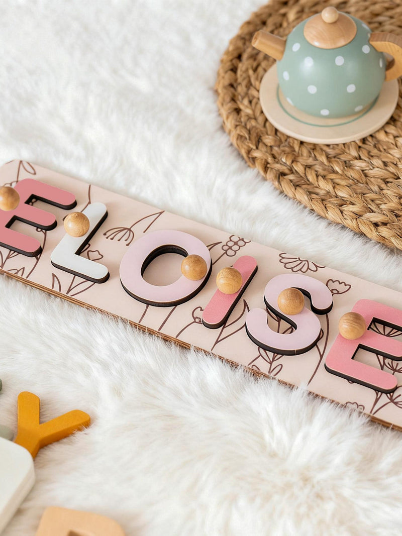 Personalized Baby Name Puzzle,1st Birthday Gift For Baby,Patterned Flower Baby Puzzle,Toys For Toddler,Nursery Decor,Baby Girl Busy Board birthday flower