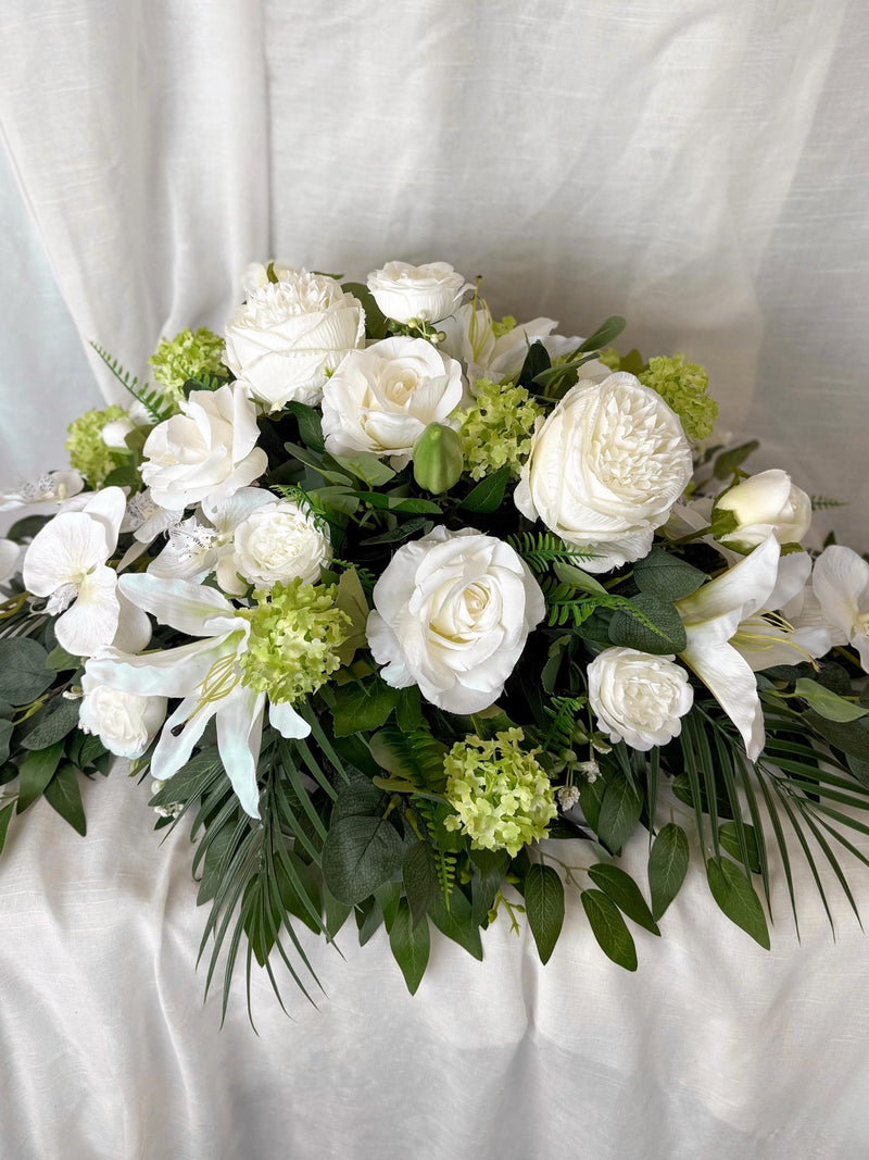 White silk funeral arrangement, elegant cemetery decor, artificial white grave flowers, greenery and flowers memorial decor, funeral flowers FLOWER DELIVERY