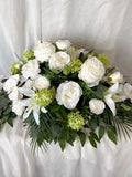 White silk funeral arrangement, elegant cemetery decor, artificial white grave flowers, greenery and flowers memorial decor, funeral flowers FLOWER DELIVERY
