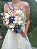 Crochet Cascading Bridal Bouquet: Navy, Ivory & Peach Keepsake Flowers Bouquet