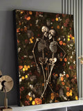 Romantic Skeleton Couple Canvas Wall Art, Love and Eternity Theme, Gothic Floral Nature Scene, Dark Romantic Home Decoration, Ready to Hang Love Romance Flower